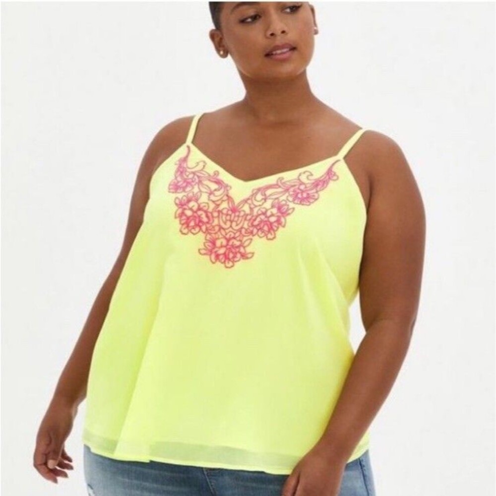 Torrid Cami Tank Top Plus 0X Neon Pink Floral Embroidered Sophie Chiffon Swing